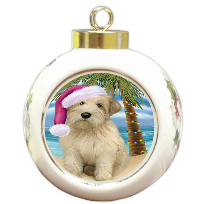 Summertime Happy Holidays Christmas Wheaten Terrier Dog on Tropical Island Beach Round Ball Christmas Ornament RBPOR54596