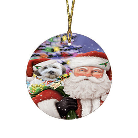 Santa Carrying Wheaten Terrier Dog and Christmas Presents Round Flat Christmas Ornament RFPOR53701
