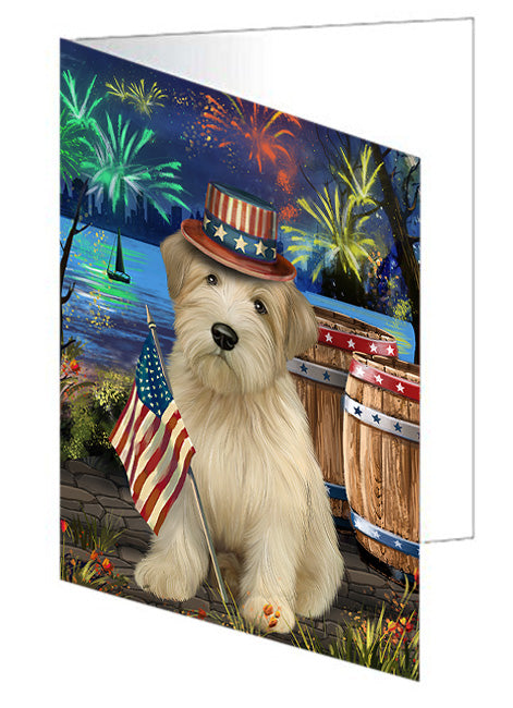 4th of July Independence Day Fireworks Wheaten Terrier Dog at the Lake Handmade Artwork Assorted Pets Greeting Cards and Note Cards with Envelopes for All Occasions and Holiday Seasons GCD57797