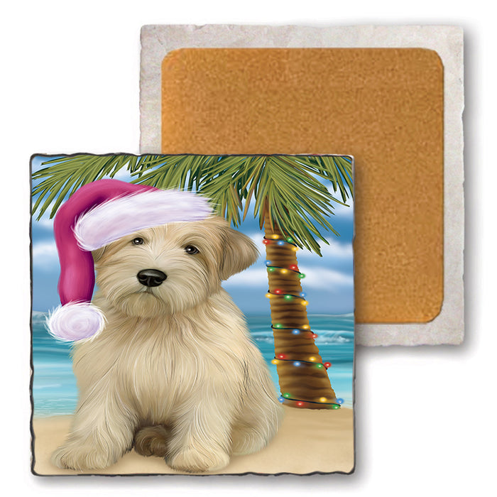 Summertime Happy Holidays Christmas Wheaten Terrier Dog on Tropical Island Beach Set of 4 Natural Stone Marble Tile Coasters MCST49468