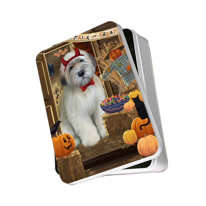 Enter at Own Risk Trick or Treat Halloween Wheaten Terrier Dog Photo Storage Tin PITN53342