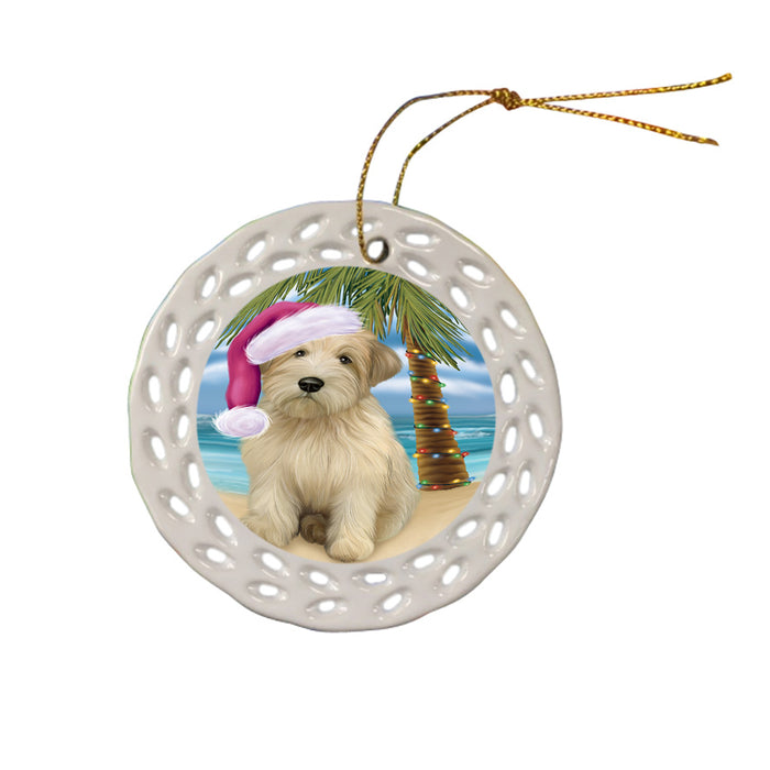 Summertime Happy Holidays Christmas Wheaten Terrier Dog on Tropical Island Beach Ceramic Doily Ornament DPOR54596