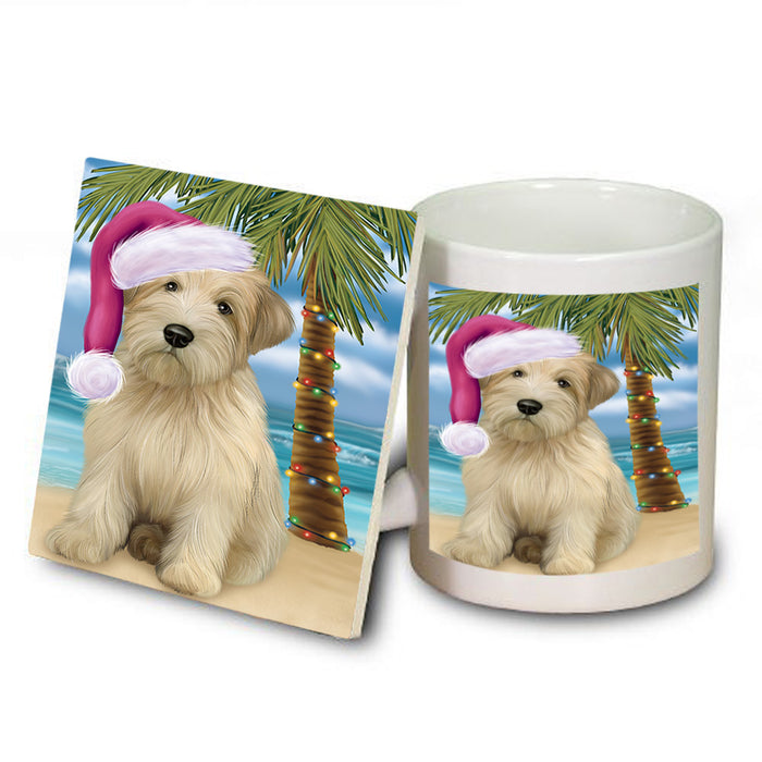 Summertime Happy Holidays Christmas Wheaten Terrier Dog on Tropical Island Beach Mug and Coaster Set MUC54460