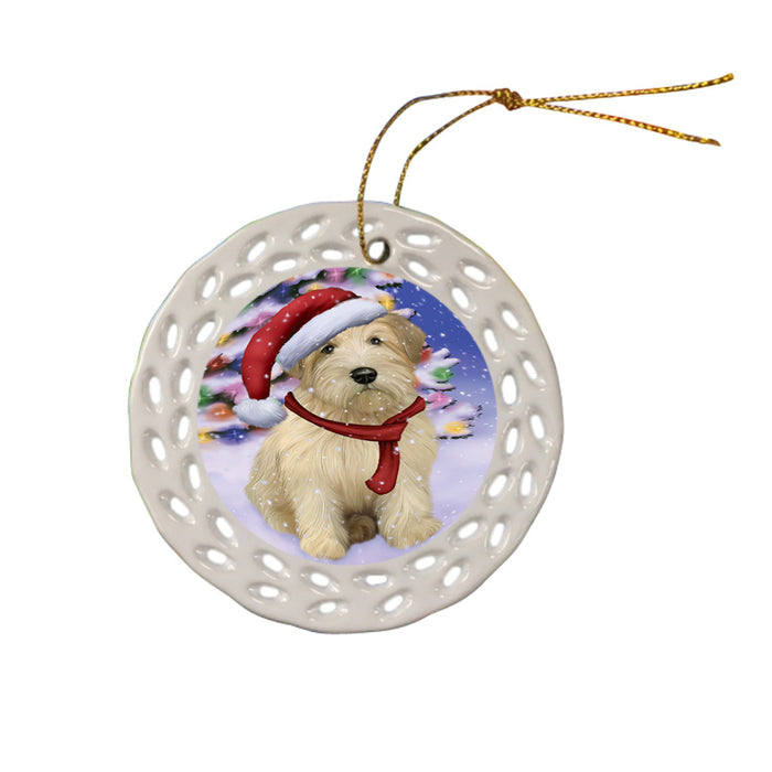 Winterland Wonderland Wheaten Terrier Dog In Christmas Holiday Scenic Background Ceramic Doily Ornament DPOR53789