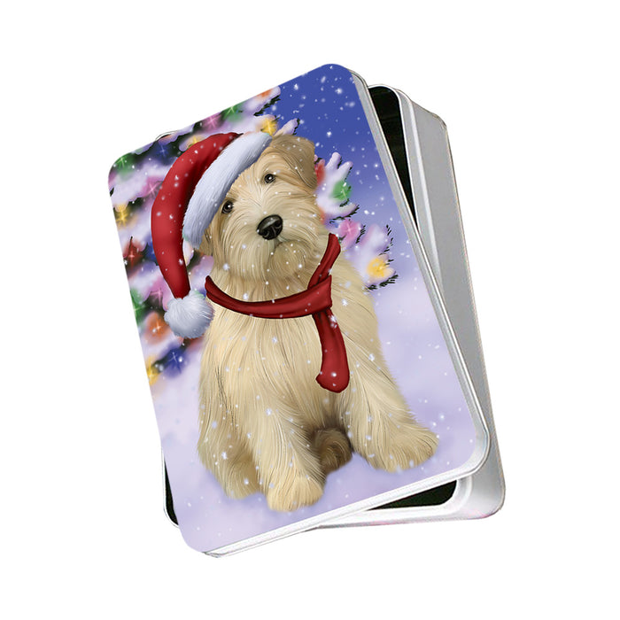 Winterland Wonderland Wheaten Terrier Dog In Christmas Holiday Scenic Background Photo Storage Tin PITN53732