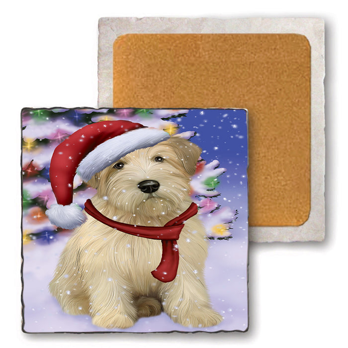 Winterland Wonderland Wheaten Terrier Dog In Christmas Holiday Scenic Background Set of 4 Natural Stone Marble Tile Coasters MCST48789