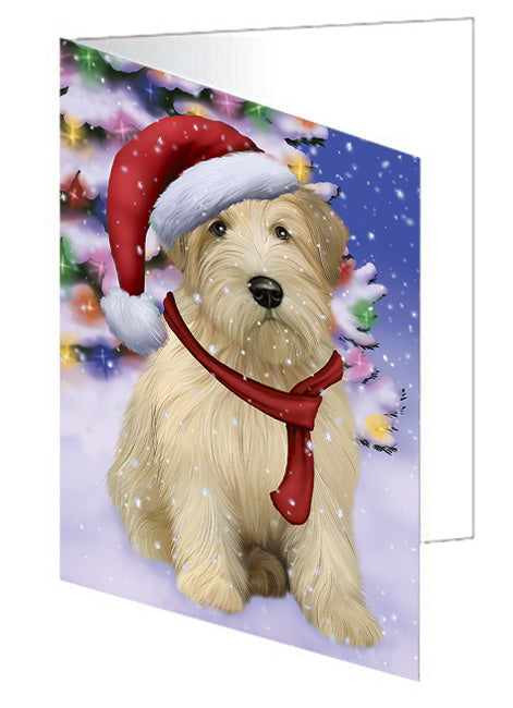 Winterland Wonderland Wheaten Terrier Dog In Christmas Holiday Scenic Background Handmade Artwork Assorted Pets Greeting Cards and Note Cards with Envelopes for All Occasions and Holiday Seasons GCD65396