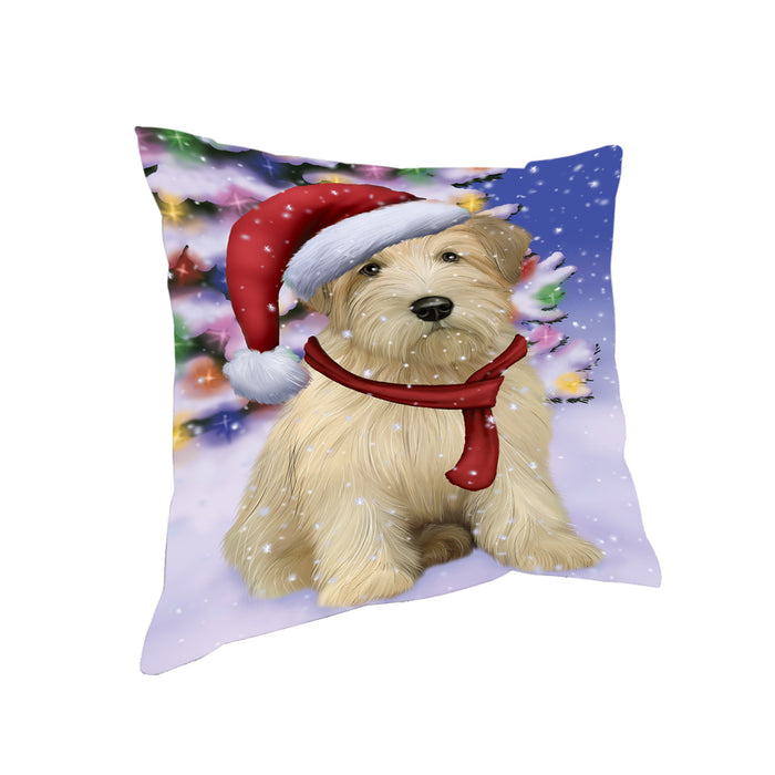 Winterland Wonderland Wheaten Terrier Dog In Christmas Holiday Scenic Background Pillow PIL71780