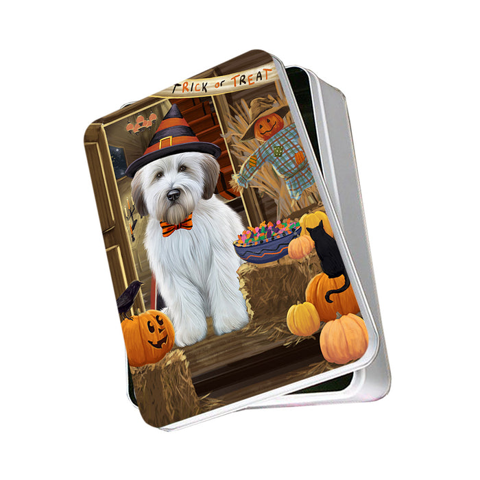 Enter at Own Risk Trick or Treat Halloween Wheaten Terrier Dog Photo Storage Tin PITN53343