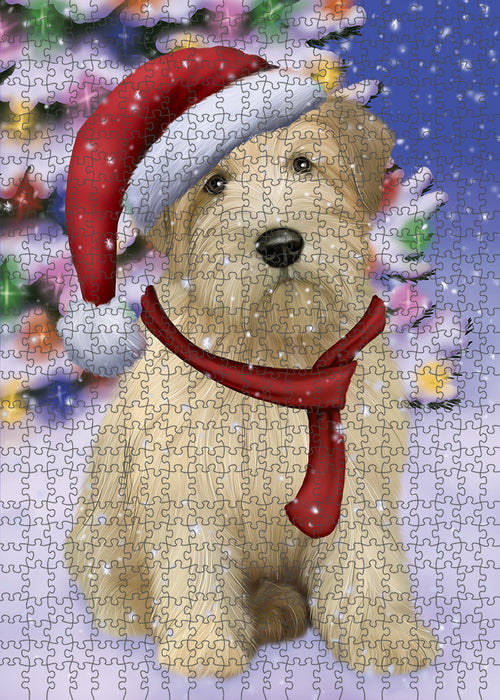 Winterland Wonderland Wheaten Terrier Dog In Christmas Holiday Scenic Background Puzzle with Photo Tin PUZL82312