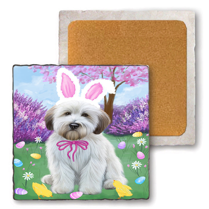 Easter Holiday Wheaten Terrier Dog Set of 4 Natural Stone Marble Tile Coasters MCST51955