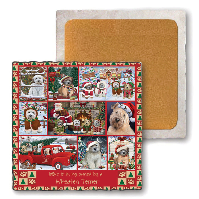 Love is Being Owned Christmas Wheaten Terrier Dogs Set of 4 Natural Stone Marble Tile Coasters MCST52267