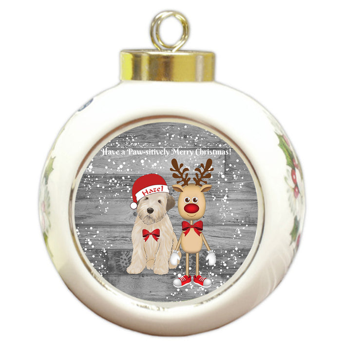 Custom Personalized Wheaten Terrier Dog Reindeer and Pooch Christmas Round Ball Ornament