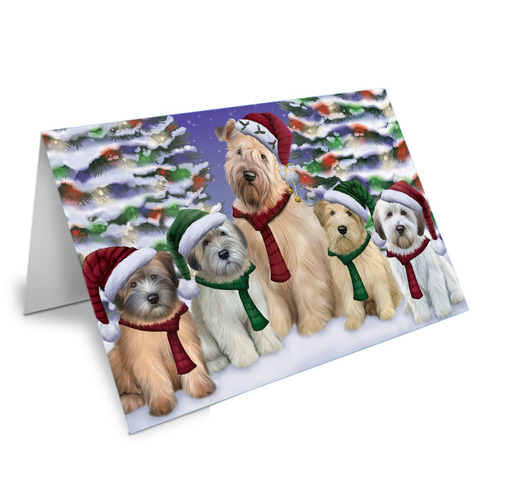 Wheaten Terriers Dog Christmas Family Portrait in Holiday Scenic Background Handmade Artwork Assorted Pets Greeting Cards and Note Cards with Envelopes for All Occasions and Holiday Seasons GCD62195