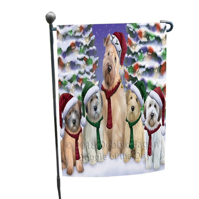 Wheaten Terriers Dog Christmas Family Portrait in Holiday Scenic Background Garden Flag GFLG52667