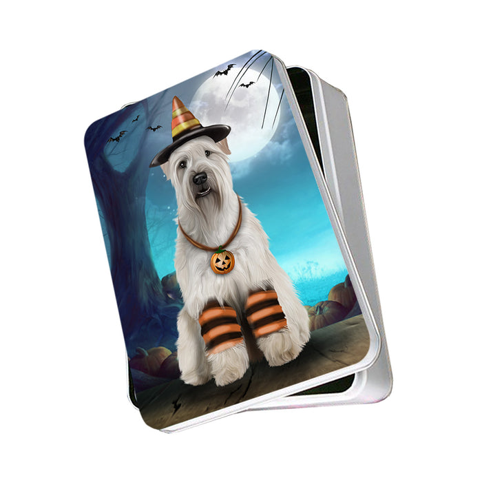 Happy Halloween Trick or Treat Wheaten Terrier Dog Candy Corn Photo Storage Tin PITN52515