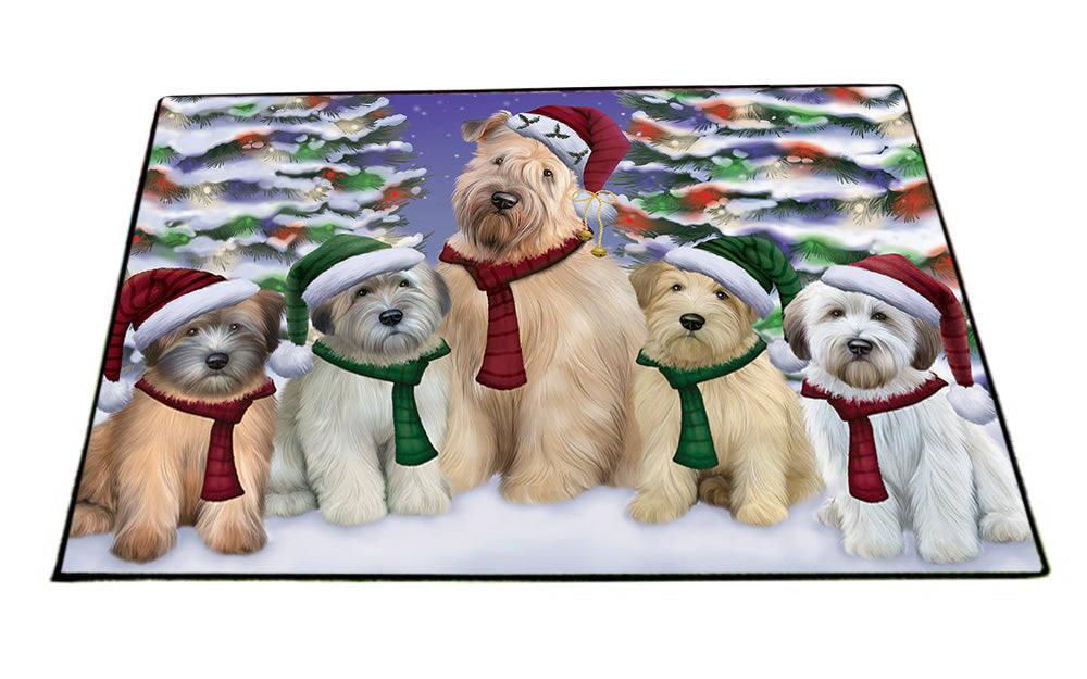Wheaten Terriers Dog Christmas Family Portrait in Holiday Scenic Background Floormat FLMS51963