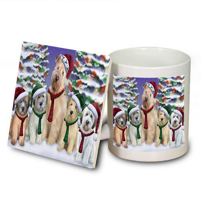 Wheaten Terriers Dog Christmas Family Portrait in Holiday Scenic Background  Mug and Coaster Set MUC52714