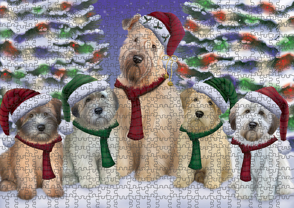 Wheaten Terriers Dog Christmas Family Portrait in Holiday Scenic Background Puzzle  PUZL62097