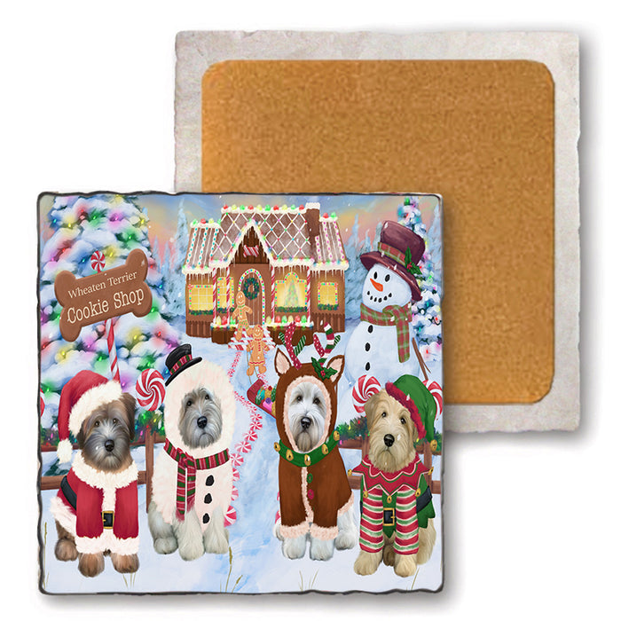 Holiday Gingerbread Cookie Shop Wheaten Terriers Dog Set of 4 Natural Stone Marble Tile Coasters MCST51632