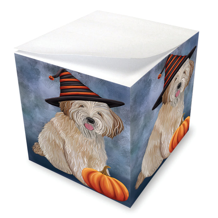 Happy Halloween Wheaten Terrier Dog Wearing Witch Hat with Pumpkin Note Cube NOC56489