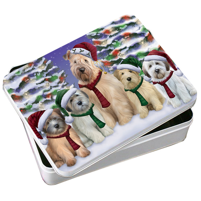 Wheaten Terriers Dog Christmas Family Portrait in Holiday Scenic Background Photo Storage Tin PITN52722