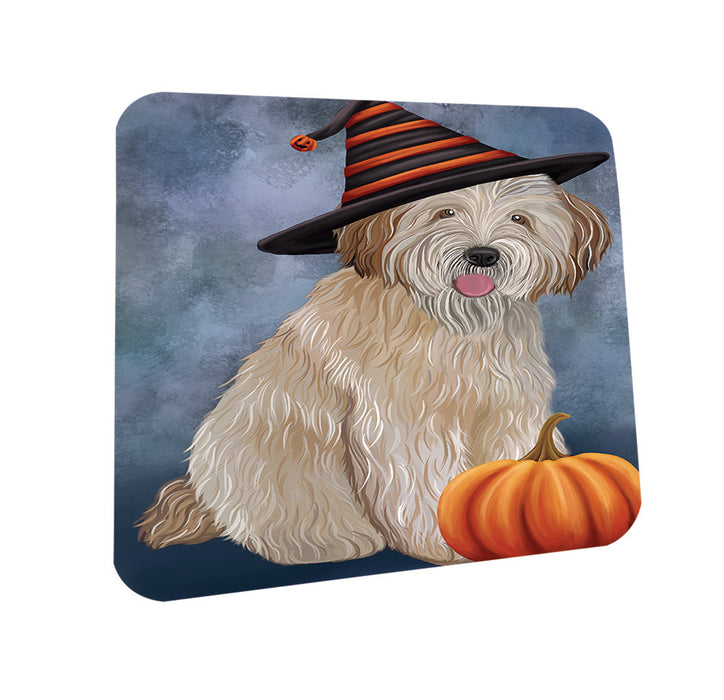 Happy Halloween Wheaten Terrier Dog Wearing Witch Hat with Pumpkin Coasters Set of 4 CST54801