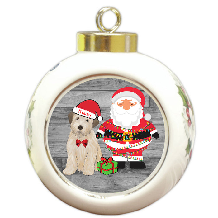 Custom Personalized Wheaten Terrier Dog With Santa Wrapped in Light Christmas Round Ball Ornament