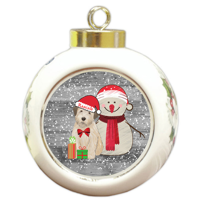 Custom Personalized Snowy Snowman and Wheaten Terrier Dog Christmas Round Ball Ornament