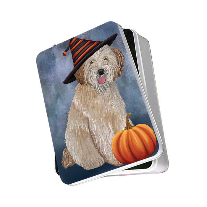 Happy Halloween Wheaten Terrier Dog Wearing Witch Hat with Pumpkin Photo Storage Tin PITN54786