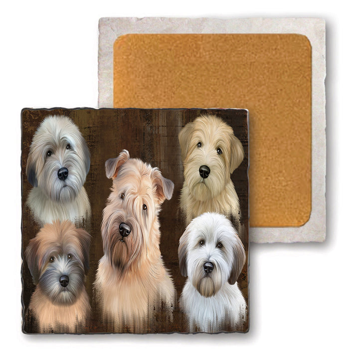 Rustic 5 Wheaten Terrier Dog Set of 4 Natural Stone Marble Tile Coasters MCST49152
