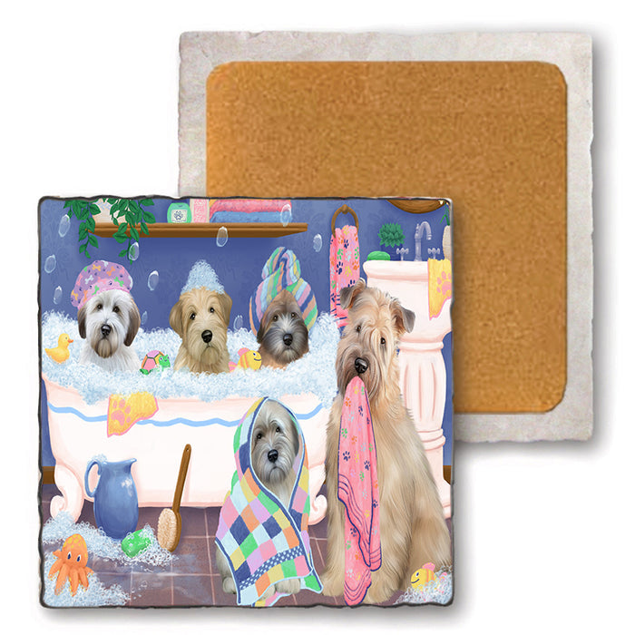 Rub A Dub Dogs In A Tub Wheaten Terriers Dog Set of 4 Natural Stone Marble Tile Coasters MCST51835