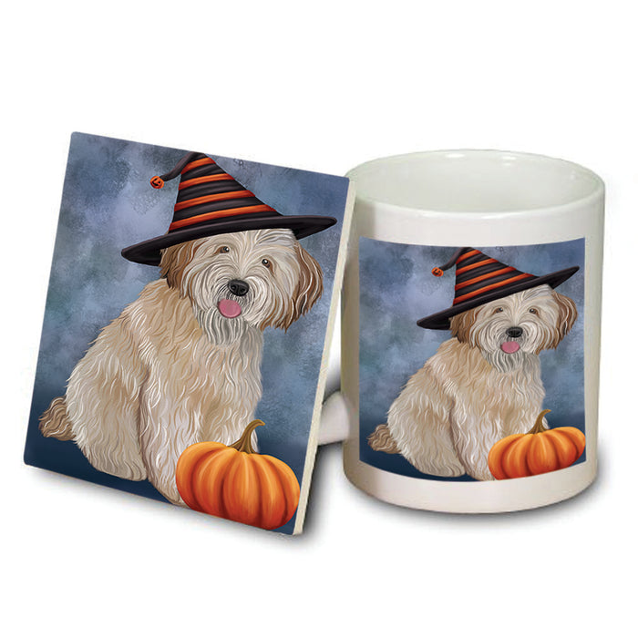 Happy Halloween Wheaten Terrier Dog Wearing Witch Hat with Pumpkin Mug and Coaster Set MUC54835