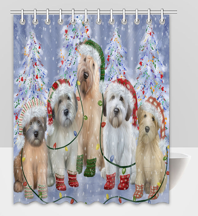Christmas Lights and Wheaten Terrier Dogs Shower Curtain Pet Painting Bathtub Curtain Waterproof Polyester One-Side Printing Decor Bath Tub Curtain for Bathroom with Hooks