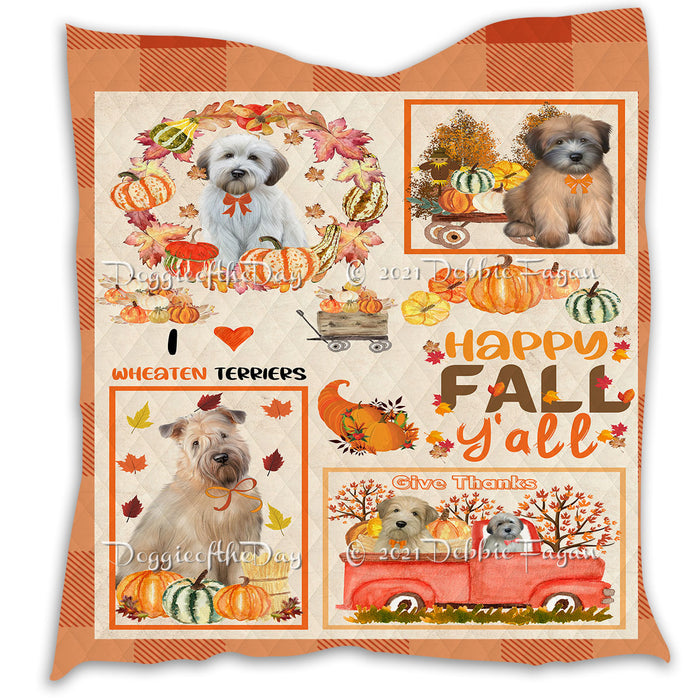 Happy Fall Y'all Pumpkin Wheaten Terrier Dogs Quilt Bed Coverlet Bedspread - Pets Comforter Unique One-side Animal Printing - Soft Lightweight Durable Washable Polyester Quilt