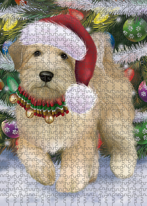 Chistmas Trotting in the Snow Wheaten Terrier Dog Portrait Jigsaw Puzzle for Adults Animal Interlocking Puzzle Game Unique Gift for Dog Lover's with Metal Tin Box PZL988