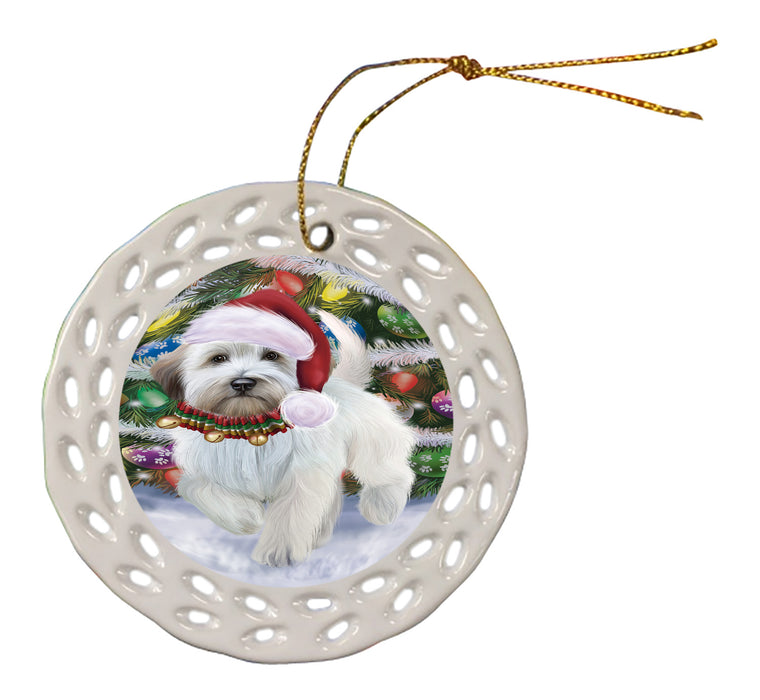 Chistmas Trotting in the Snow Wheaten Terrier Dog Doily Ornament DPOR59178
