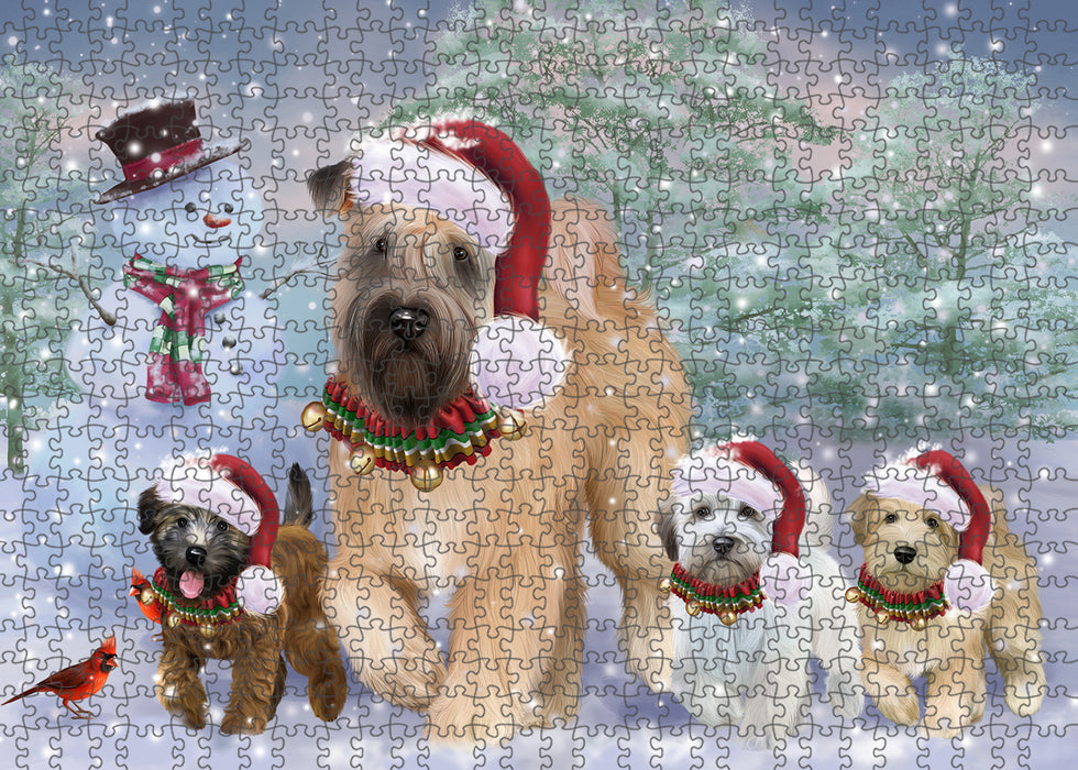 Christmas Running Family Wheaten Terrier Dogs Portrait Jigsaw Puzzle for Adults Animal Interlocking Puzzle Game Unique Gift for Dog Lover's with Metal Tin Box