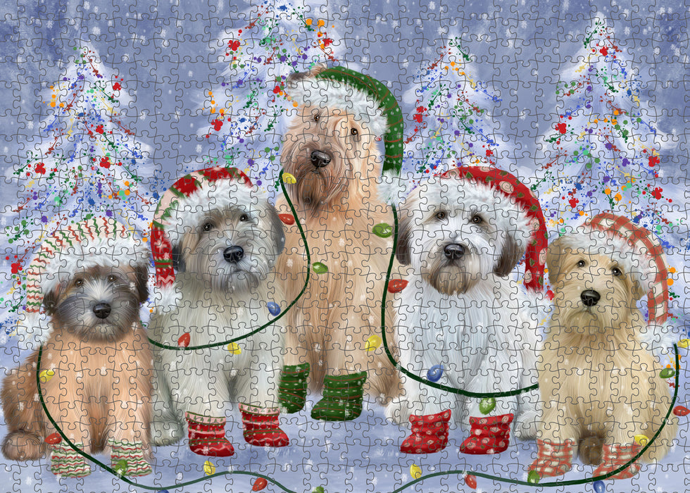 Christmas Lights and Wheaten Terrier Dogs Portrait Jigsaw Puzzle for Adults Animal Interlocking Puzzle Game Unique Gift for Dog Lover's with Metal Tin Box