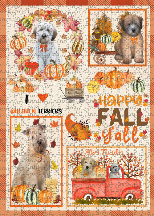 Happy Fall Y'all Pumpkin Wheaten Terrier Dogs Portrait Jigsaw Puzzle for Adults Animal Interlocking Puzzle Game Unique Gift for Dog Lover's with Metal Tin Box