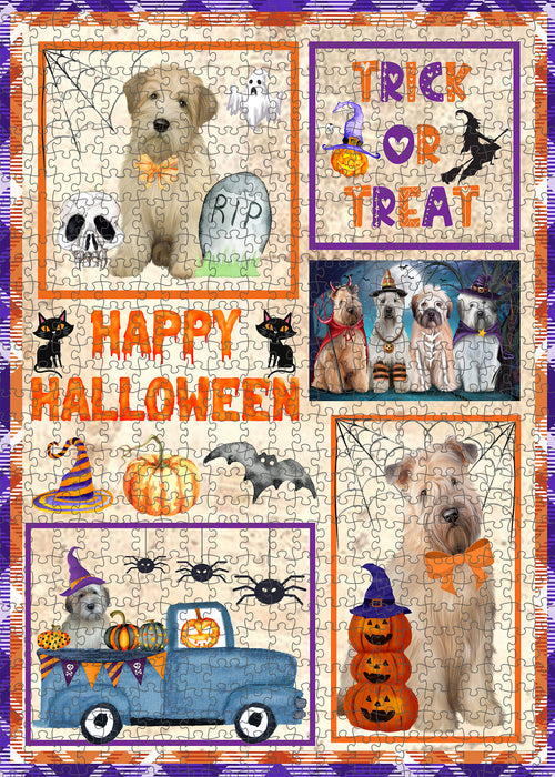 Happy Halloween Trick or Treat Wheaten Terrier Dogs Portrait Jigsaw Puzzle for Adults Animal Interlocking Puzzle Game Unique Gift for Dog Lover's with Metal Tin Box