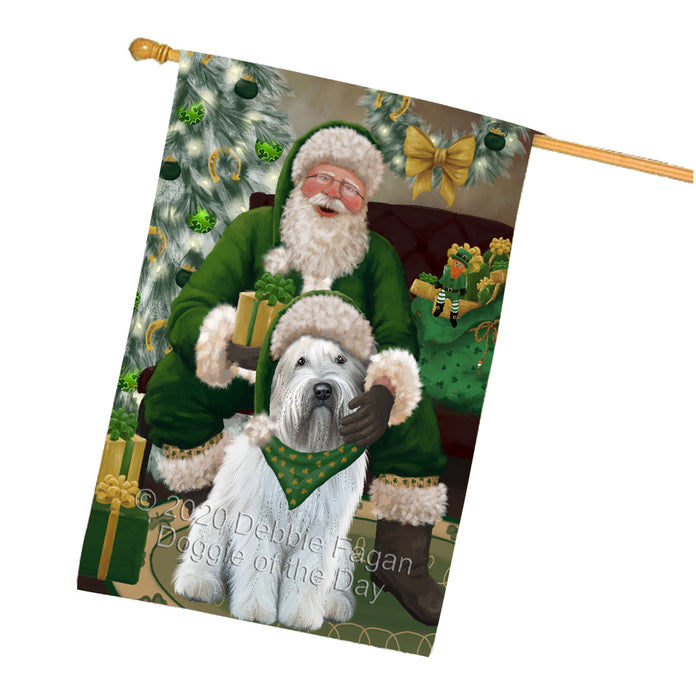 Christmas Irish Santa with Gift and Wheaten Terrier Dog House Flag FLG66755