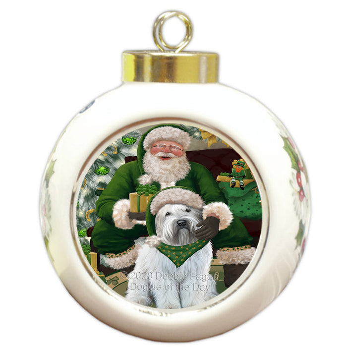 Christmas Irish Santa with Gift and Wheaten Terrier Dog Round Ball Christmas Ornament RBPOR57983