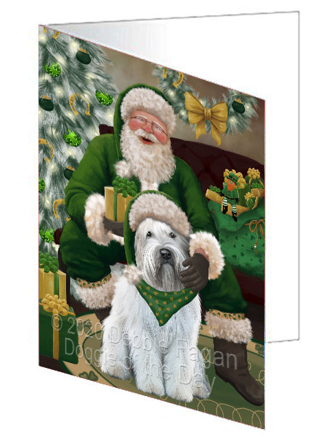 Christmas Irish Santa with Gift and Wheaten Terrier Dog Handmade Artwork Assorted Pets Greeting Cards and Note Cards with Envelopes for All Occasions and Holiday Seasons GCD76019