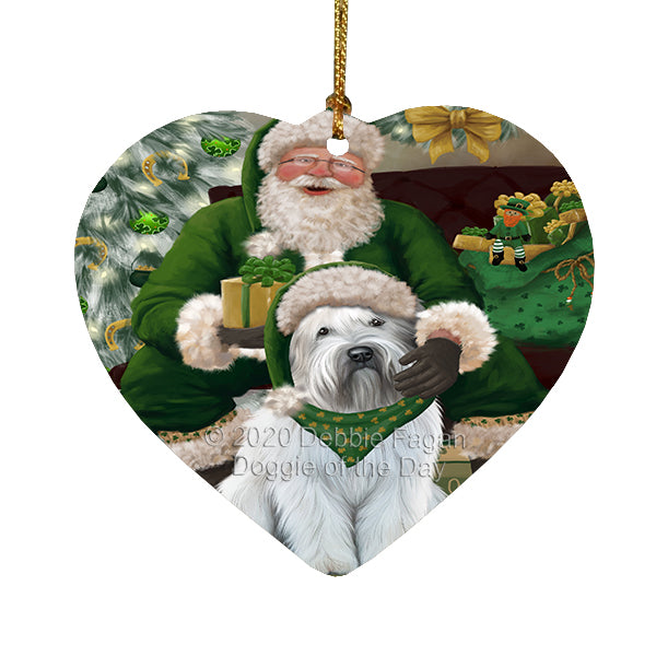 Christmas Irish Santa with Gift and Wheaten Terrier Dog Heart Christmas Ornament RFPOR58325