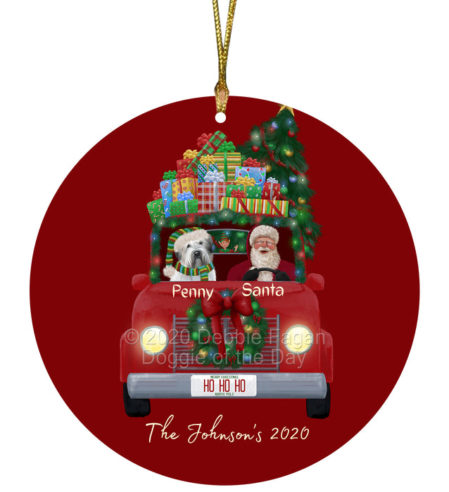 Personalized Christmas Honk Honk Red Truck Here Comes with Santa and Wheaten Terrier Dog Round Flat Ornament PRBPOR59133