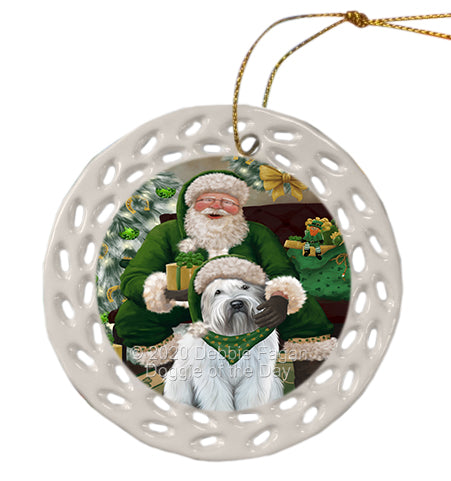 Christmas Irish Santa with Gift and Wheaten Terrier Dog Doily Ornament DPOR59545