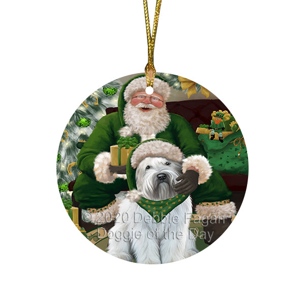Christmas Irish Santa with Gift and Wheaten Terrier Dog Round Flat Christmas Ornament RFPOR57983