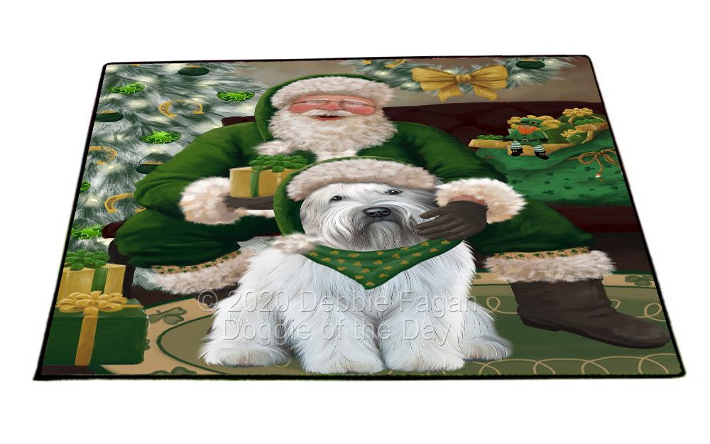 Christmas Irish Santa with Gift and Wheaten Terrier Dog Indoor/Outdoor Welcome Floormat - Premium Quality Washable Anti-Slip Doormat Rug FLMS57322
