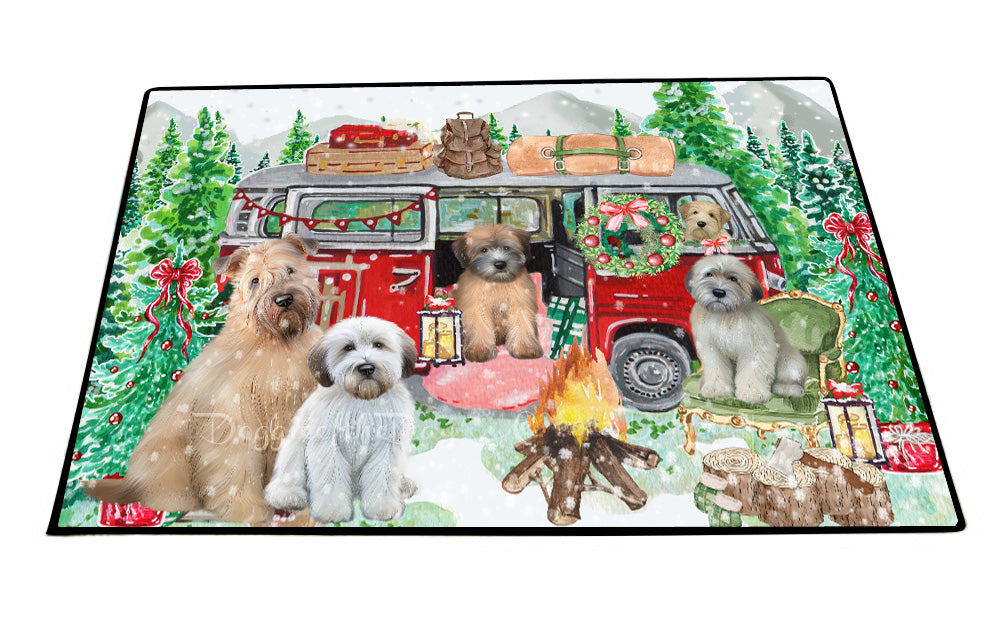 Christmas Time Camping with Wheaten Terrier Dogs Floor Mat- Anti-Slip Pet Door Mat Indoor Outdoor Front Rug Mats for Home Outside Entrance Pets Portrait Unique Rug Washable Premium Quality Mat